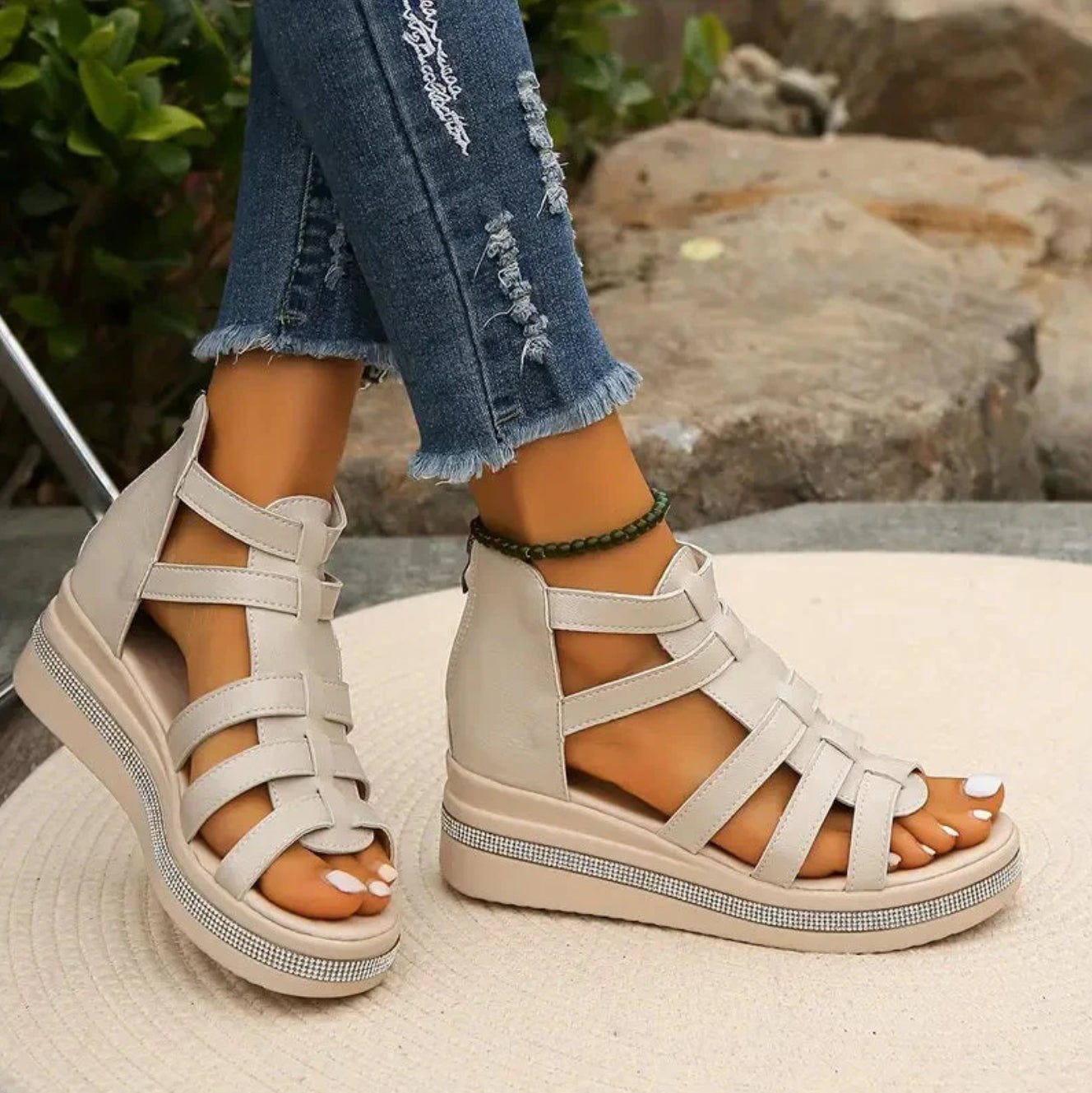 Chloe | Gladiator Sandals Platform Rhinestone Zip Up Flat