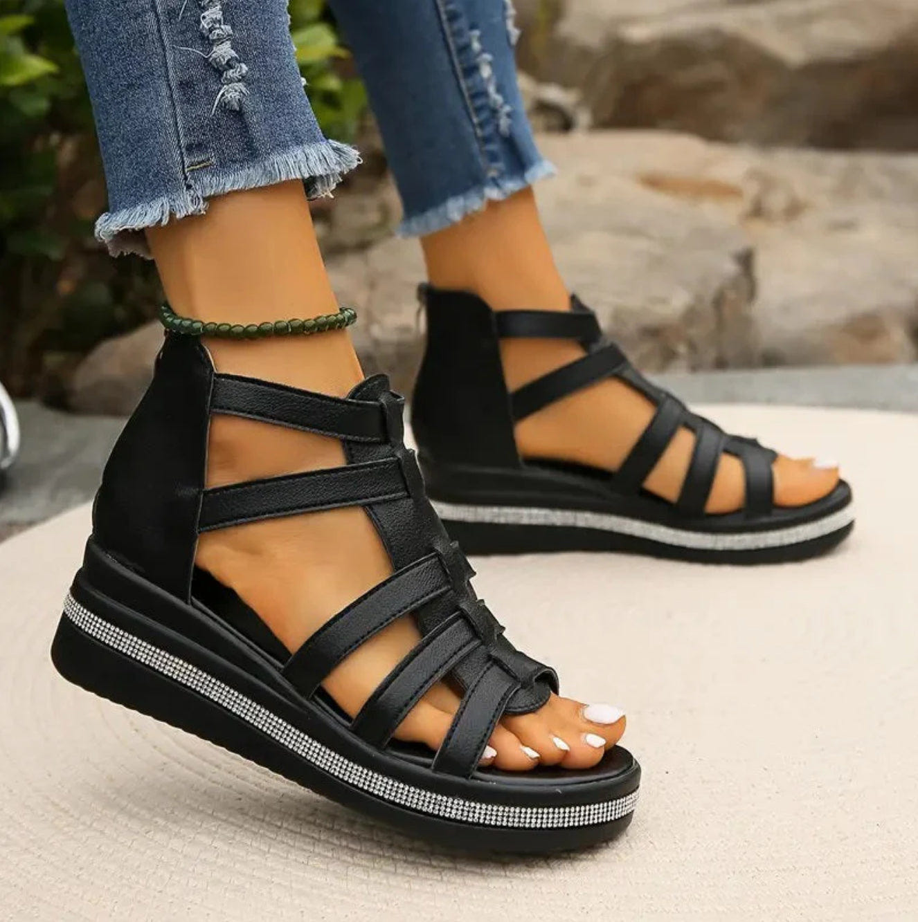 Chloe | Gladiator Sandals Platform Rhinestone Zip Up Flat
