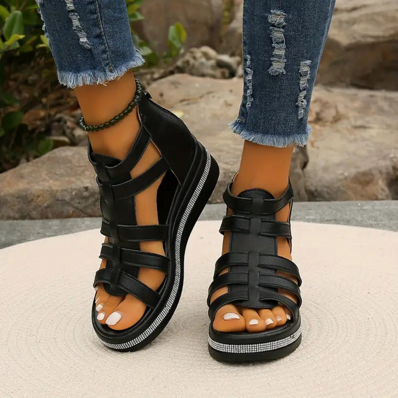 Chloe | Gladiator Sandals Platform Rhinestone Zip Up Flat