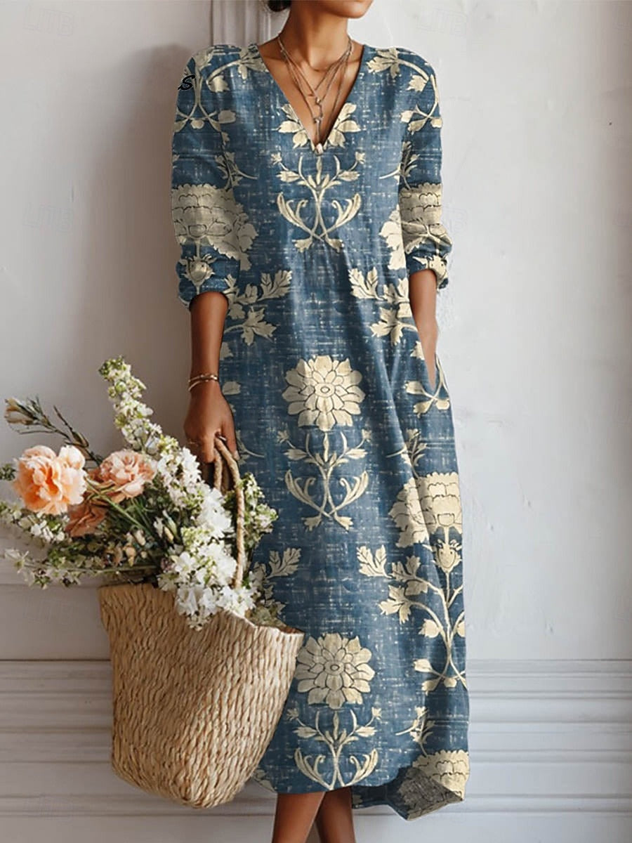 Cla | Women's Boho Floral V-Neck Casual Summer Midi Dress
