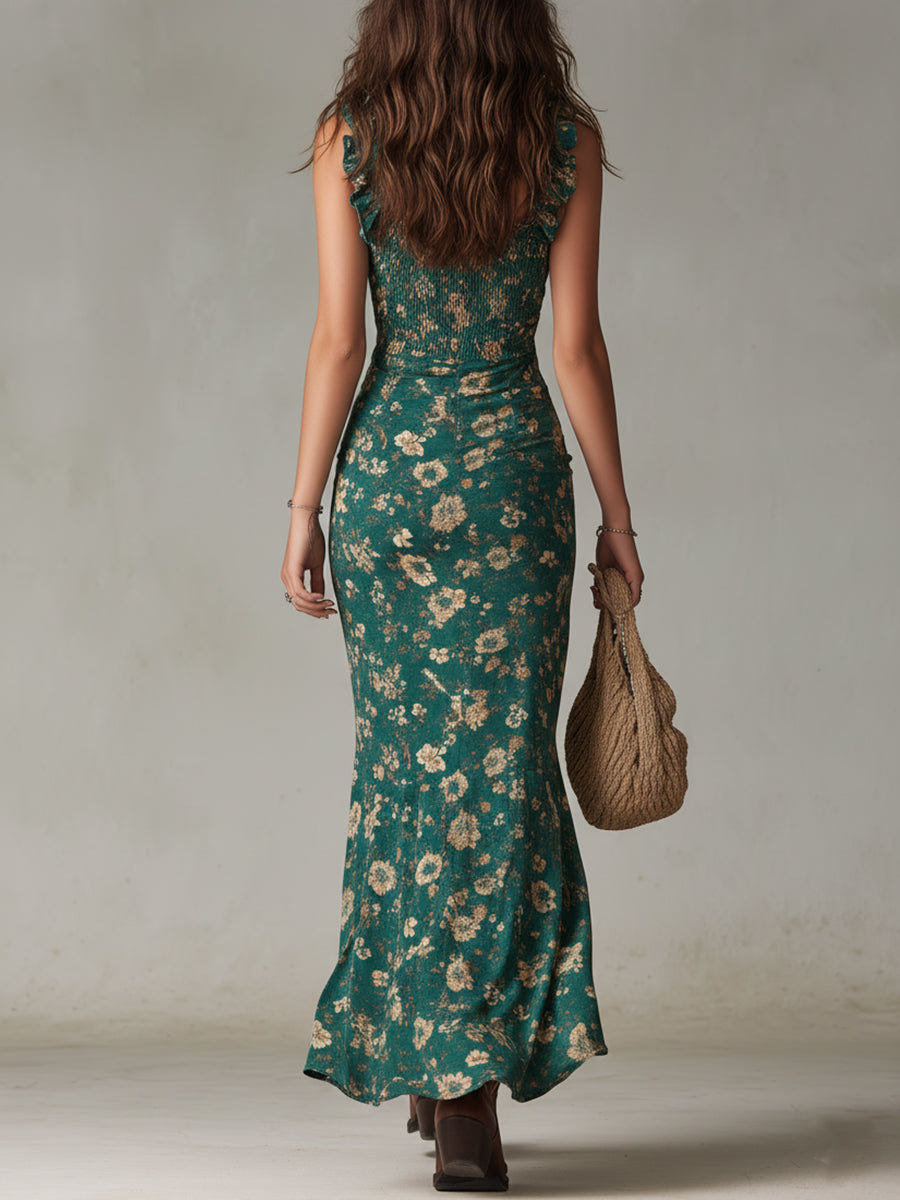 Elena | Women's Boho Floral Maxi Dress Smocked Ruffle Strap High Slit