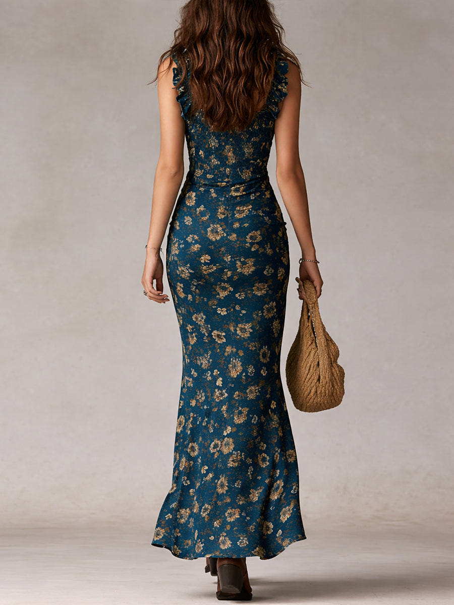 Elena | Women's Boho Floral Maxi Dress Smocked Ruffle Strap High Slit