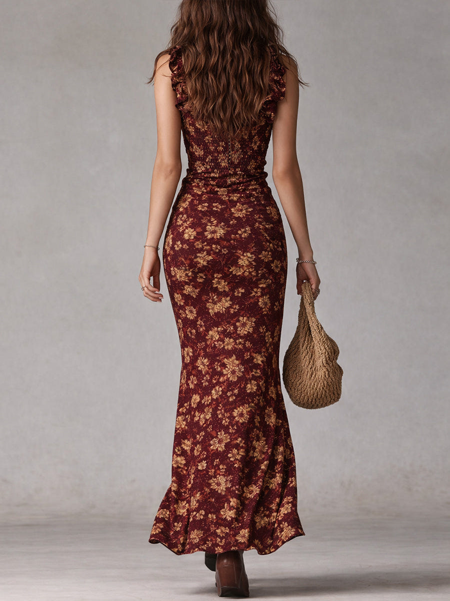 Elena | Women's Boho Floral Maxi Dress Smocked Ruffle Strap High Slit