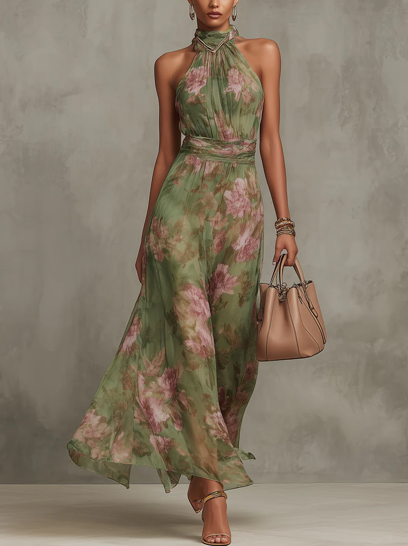 Flora | Women's Floral Halter Maxi Dress Chiffon Elegant Sleeveless