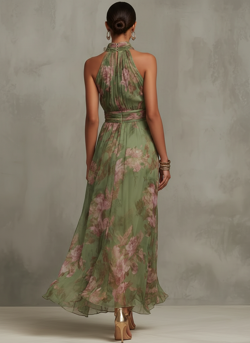 Flora | Women's Floral Halter Maxi Dress Chiffon Elegant Sleeveless