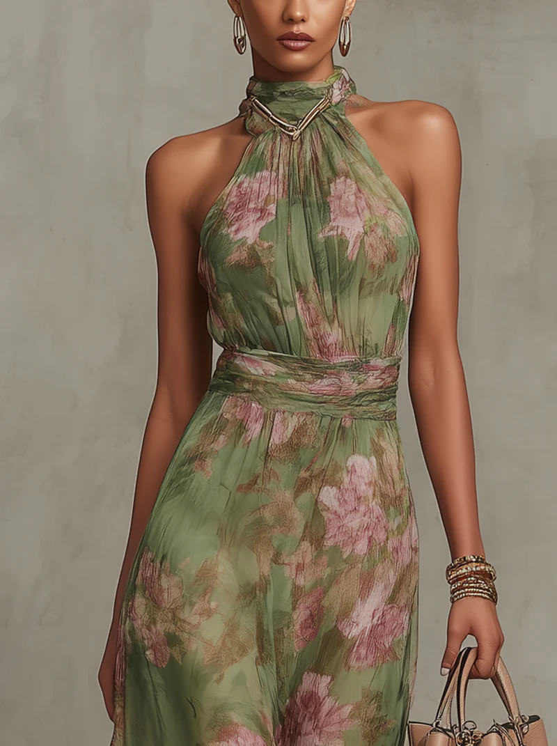 Flora | Women's Floral Halter Maxi Dress Chiffon Elegant Sleeveless