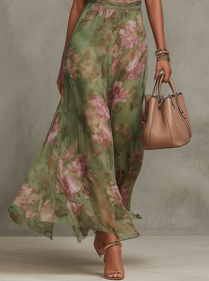 Flora | Women's Floral Halter Maxi Dress Chiffon Elegant Sleeveless