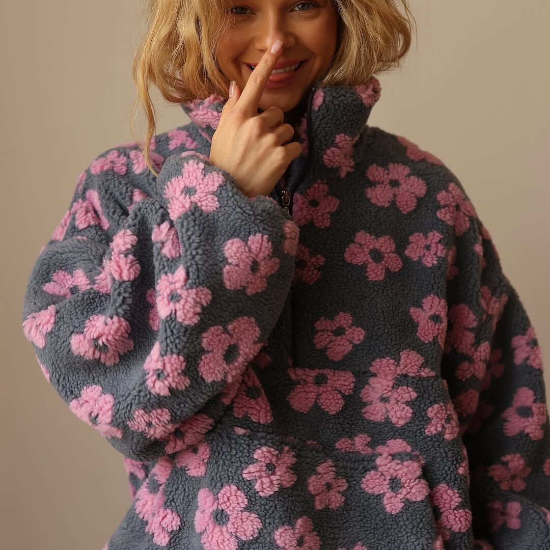 Petrina | Women's Oversized Floral Teddy Fleece Half Zip Jacket