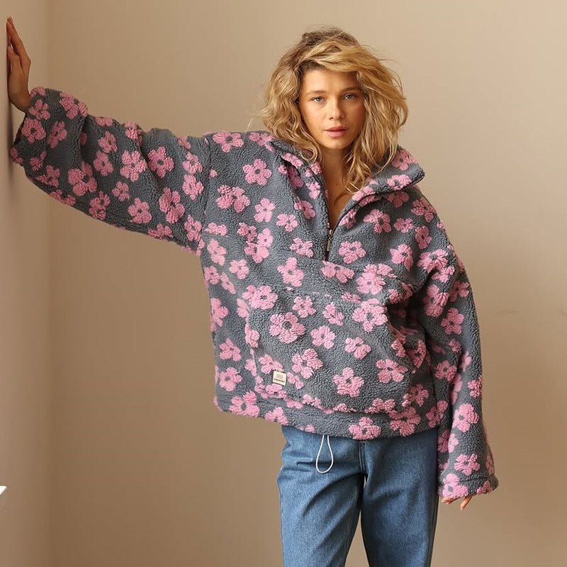 Petrina | Women's Oversized Floral Teddy Fleece Half Zip Jacket