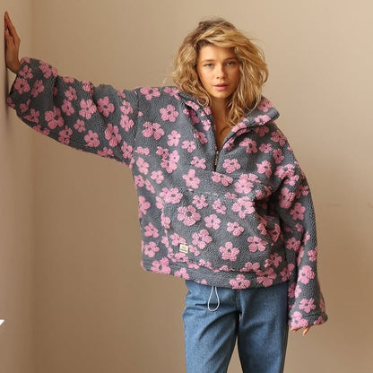 Petrina | Women's Oversized Floral Teddy Fleece Half Zip Jacket