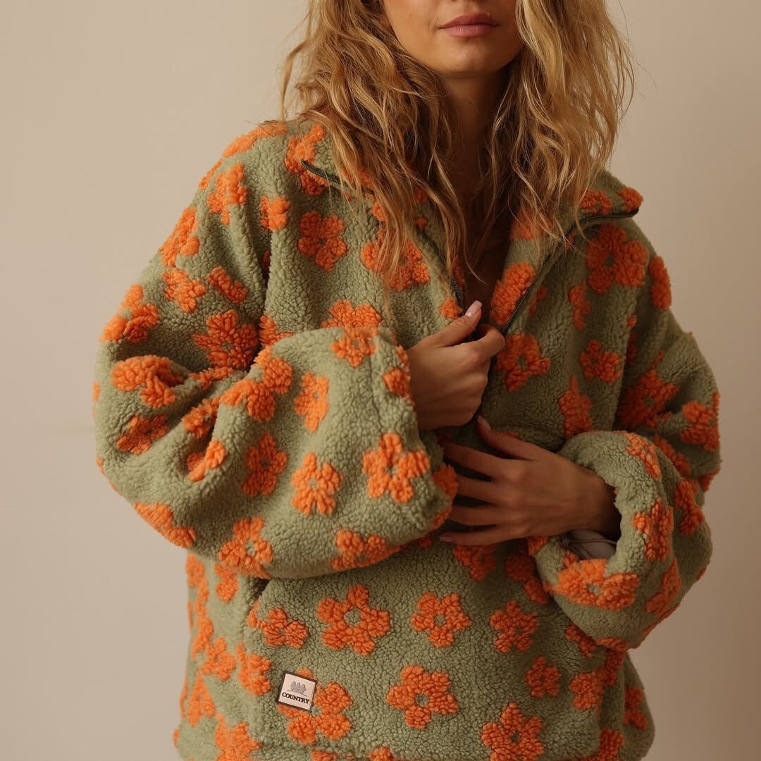 Petrina | Women's Oversized Floral Teddy Fleece Half Zip Jacket