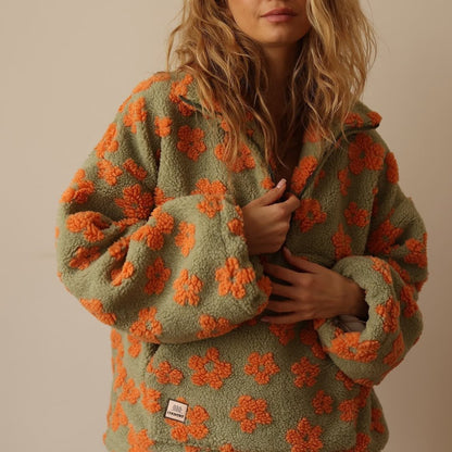 Petrina | Women's Oversized Floral Teddy Fleece Half Zip Jacket