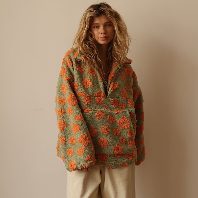 Petrina | Women's Oversized Floral Teddy Fleece Half Zip Jacket