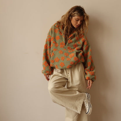 Petrina | Women's Oversized Floral Teddy Fleece Half Zip Jacket