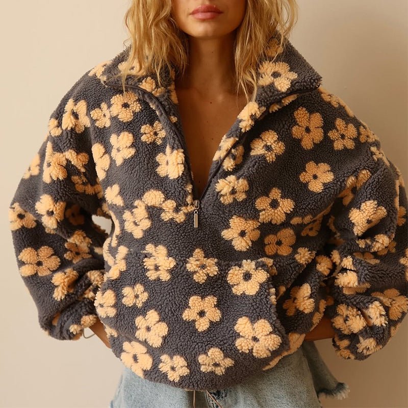 Petrina | Women's Oversized Floral Teddy Fleece Half Zip Jacket