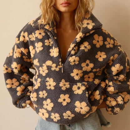 Petrina | Women's Oversized Floral Teddy Fleece Half Zip Jacket