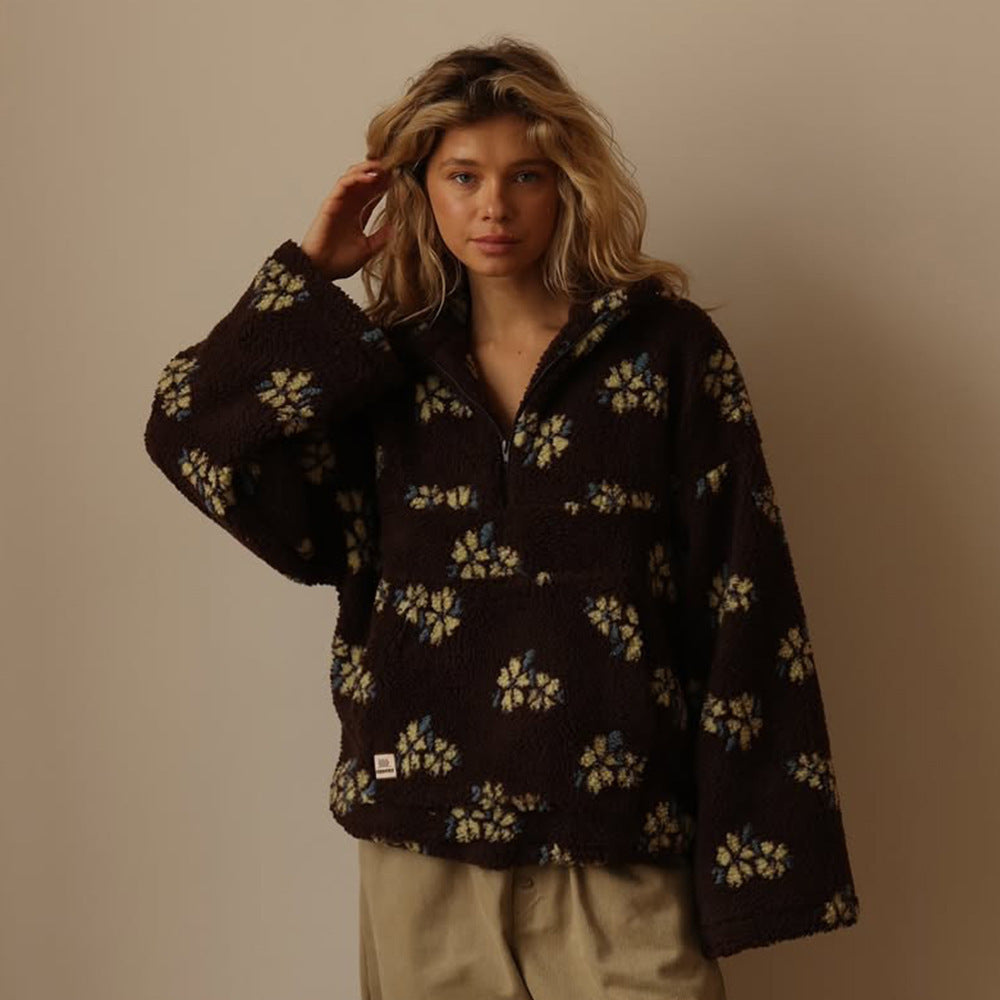 Petrina | Women's Oversized Floral Teddy Fleece Half Zip Jacket