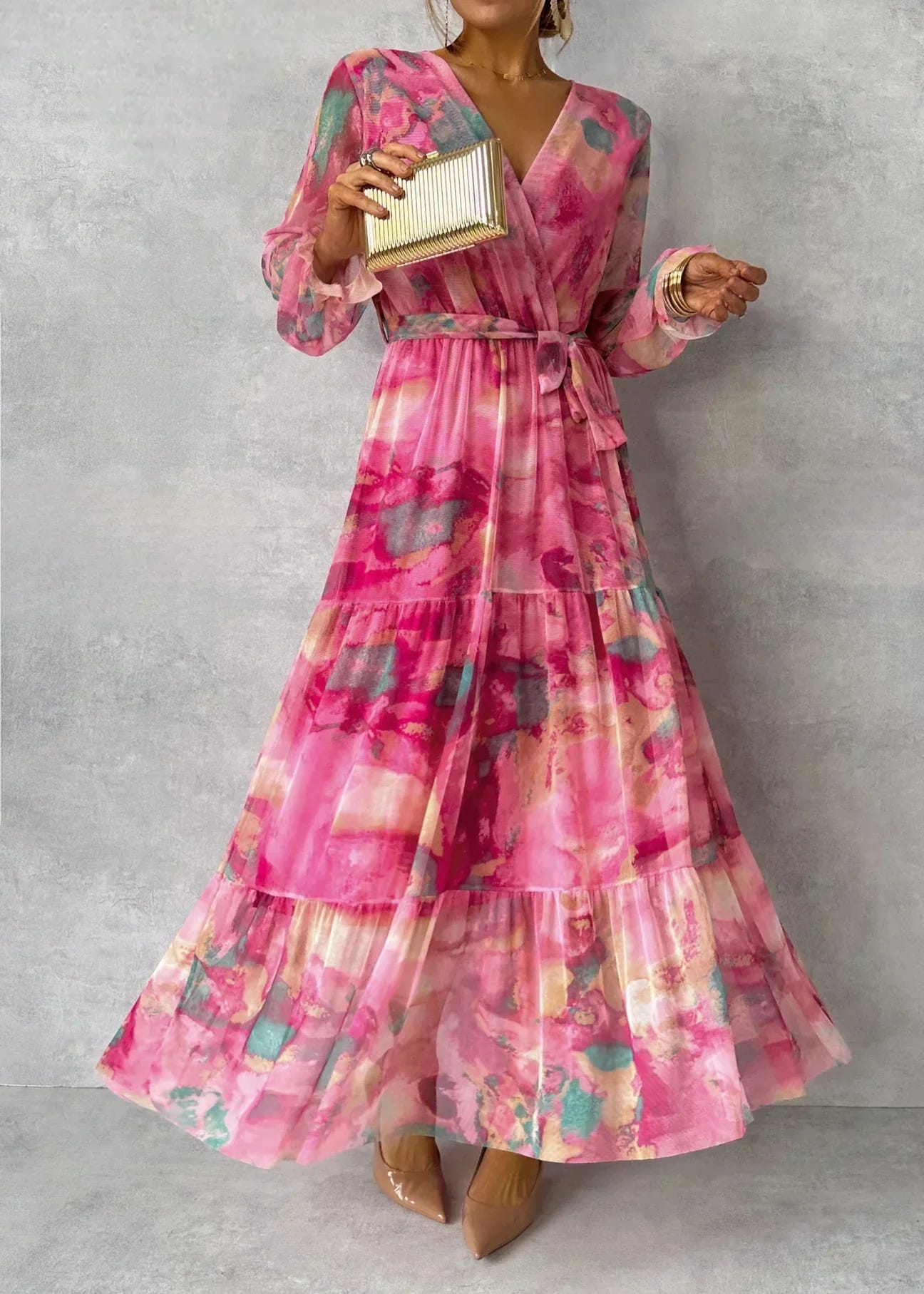 Freya | Women's Boho Pleated Floral Maxi Dress Long Sleeve