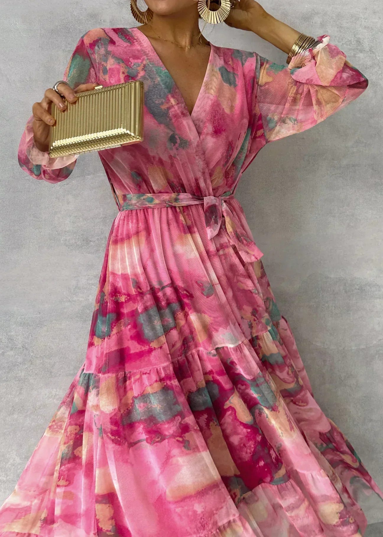 Freya | Women's Boho Pleated Floral Maxi Dress Long Sleeve