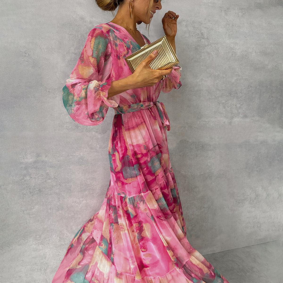 Freya | Women's Boho Pleated Floral Maxi Dress Long Sleeve
