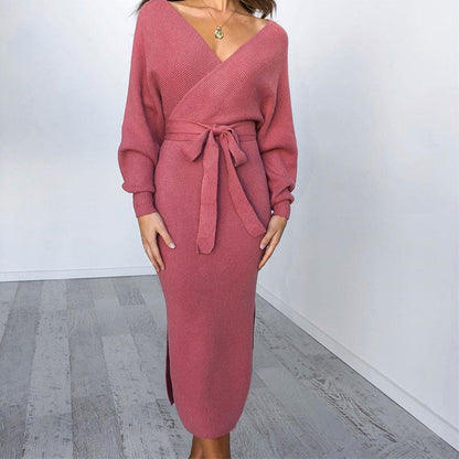 Vionetta | Women's Knitted Wrap Batwing Tie Belt Midi Dress
