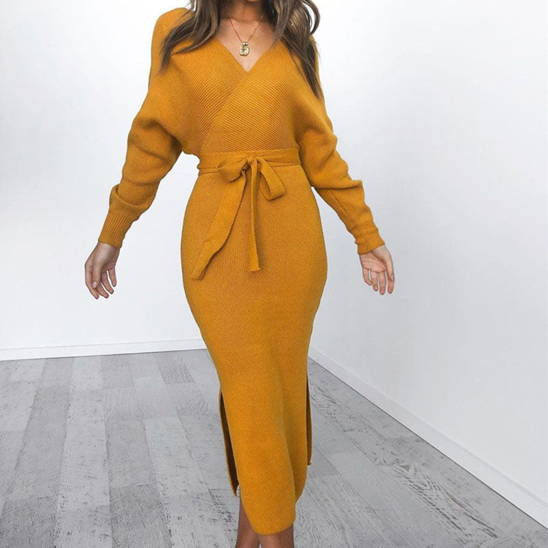 Vionetta | Women's Knitted Wrap Batwing Tie Belt Midi Dress