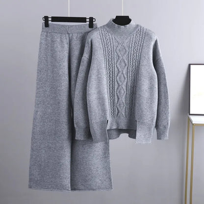 Maevis | Women's Cable Knit High Neck Wide-Leg Trouser Set Loungewear