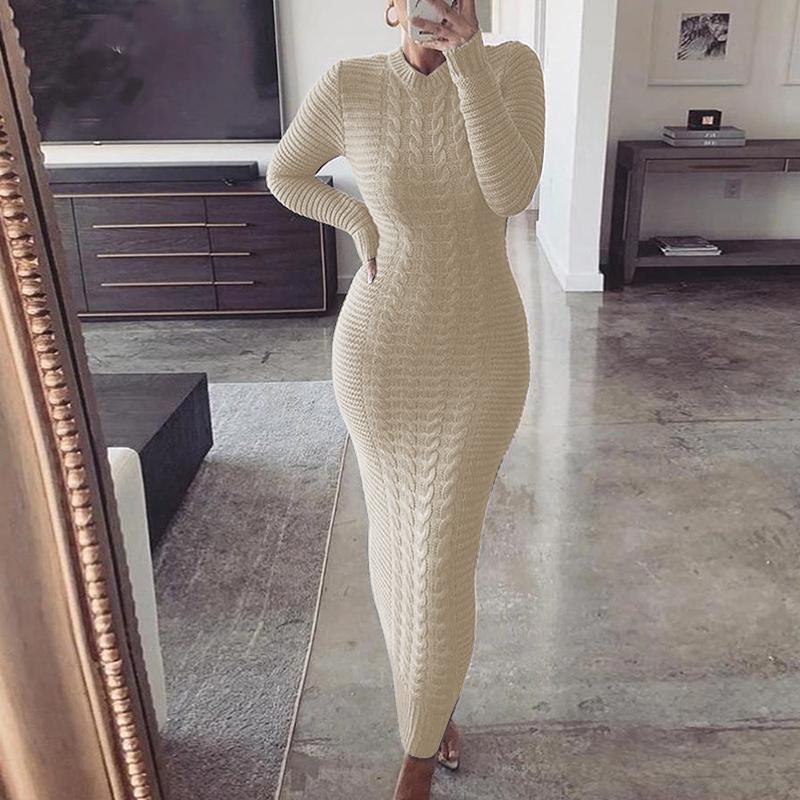 Linnette | Women's Cable Knit Bodycon Long Sleeve Maxi Dress