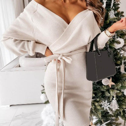Marlise | Women's Knitted Wrap Belted V-Neck Batwing Sweater Dress