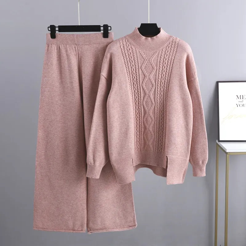 Maevis | Women's Cable Knit High Neck Wide-Leg Trouser Set Loungewear