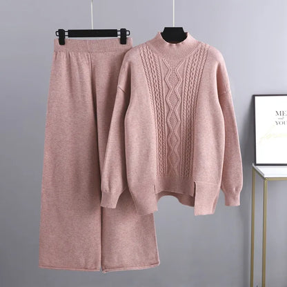 Maevis | Women's Cable Knit High Neck Wide-Leg Trouser Set Loungewear