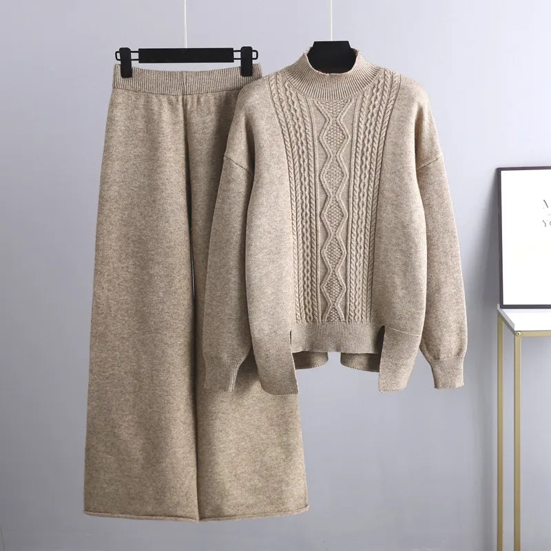 Maevis | Women's Cable Knit High Neck Wide-Leg Trouser Set Loungewear