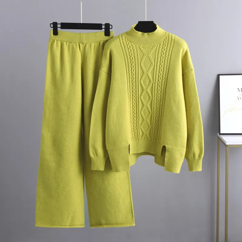 Maevis | Women's Cable Knit High Neck Wide-Leg Trouser Set Loungewear