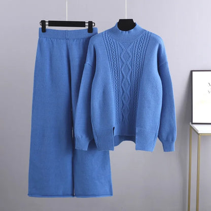 Maevis | Women's Cable Knit High Neck Wide-Leg Trouser Set Loungewear