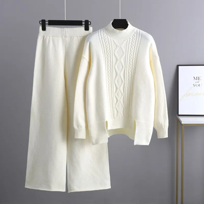 Maevis | Women's Cable Knit High Neck Wide-Leg Trouser Set Loungewear
