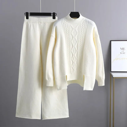 Maevis | Women's Cable Knit High Neck Wide-Leg Trouser Set Loungewear
