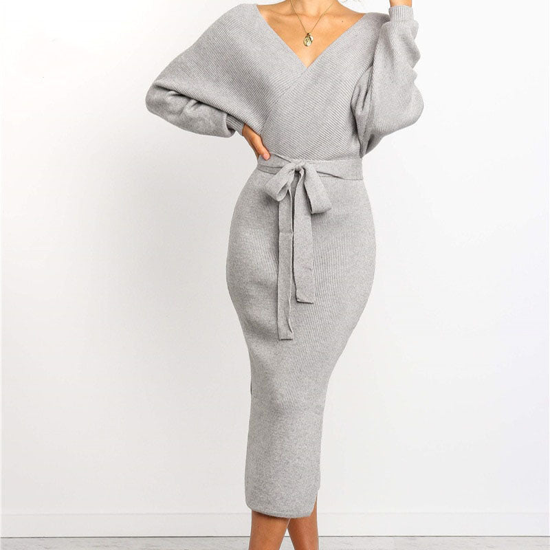 Vionetta | Women's Knitted Wrap Batwing Tie Belt Midi Dress