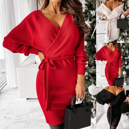 Marlise | Women's Knitted Wrap Belted V-Neck Batwing Sweater Dress
