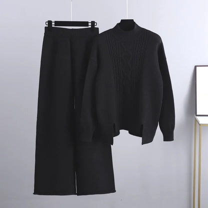 Maevis | Women's Cable Knit High Neck Wide-Leg Trouser Set Loungewear
