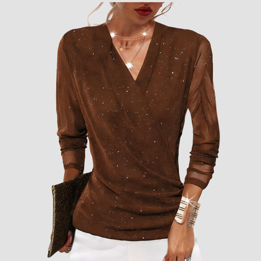 Ophelia | Women's Draped V Neck Sparkle Long Sleeve Going Out Top