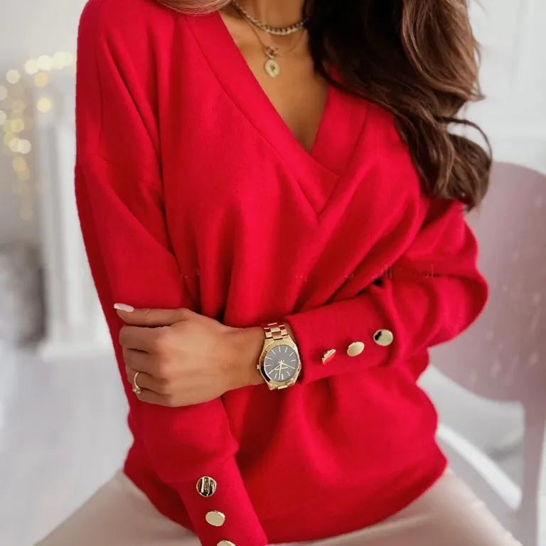 Linnea | Women's V-Neck Knit Button Cuff Sweater