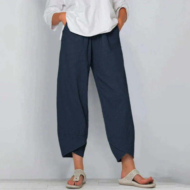 Ovrin | Elastic Waist Wide Leg Asymmetric Hem Cropped Linen Blend Pants