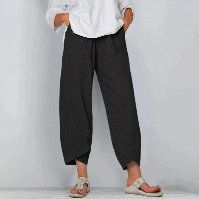 Ovrin | Elastic Waist Wide Leg Asymmetric Hem Cropped Linen Blend Pants