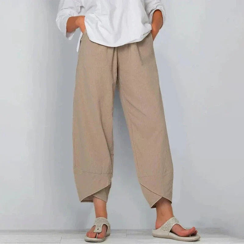Ovrin | Elastic Waist Wide Leg Asymmetric Hem Cropped Linen Blend Pants