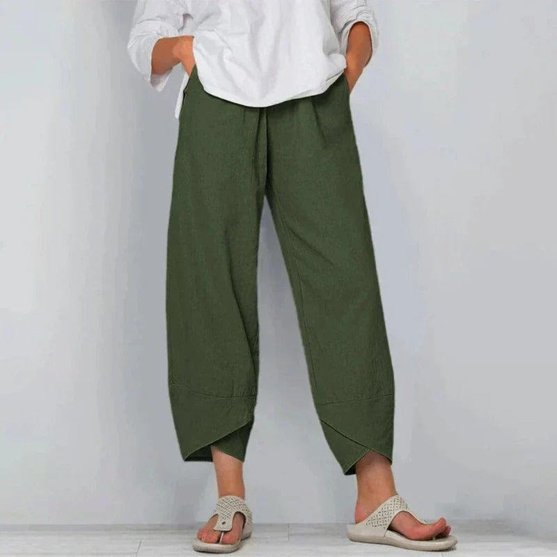 Ovrin | Elastic Waist Wide Leg Asymmetric Hem Cropped Linen Blend Pants