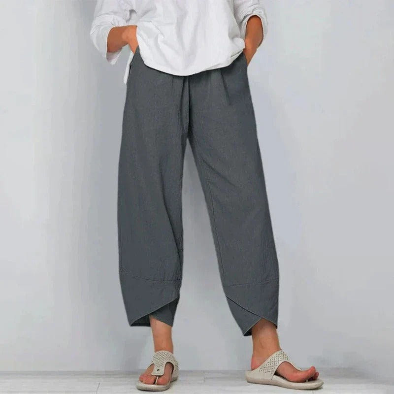 Ovrin | Elastic Waist Wide Leg Asymmetric Hem Cropped Linen Blend Pants