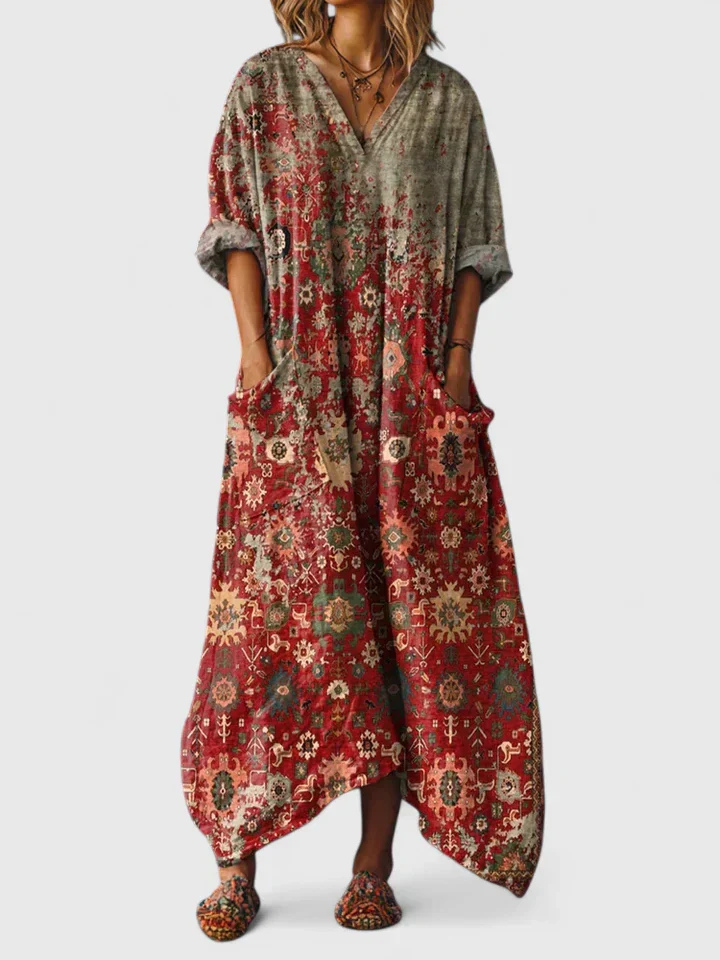 Indra | Women's Boho V-Neck Front Pocket Casual Summer Maxi Dress
