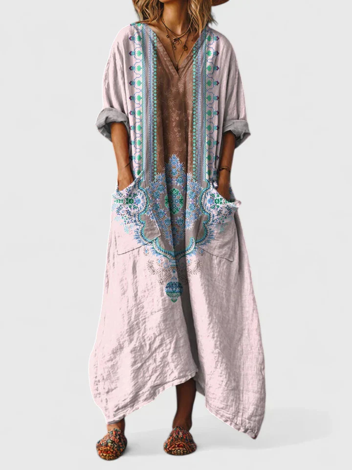 Indra | Women's Boho V-Neck Front Pocket Casual Summer Maxi Dress