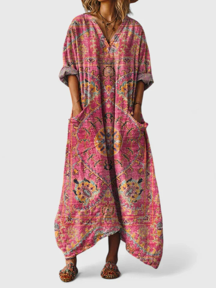 Indra | Women's Boho V-Neck Front Pocket Casual Summer Maxi Dress
