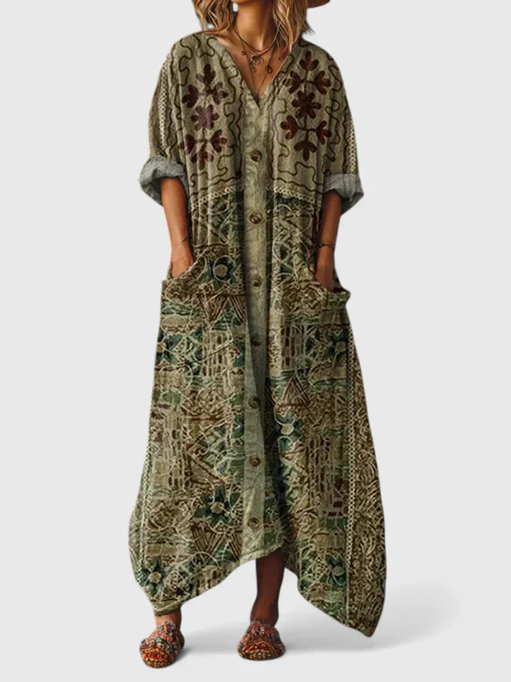 Indra | Women's Boho V-Neck Front Pocket Casual Summer Maxi Dress